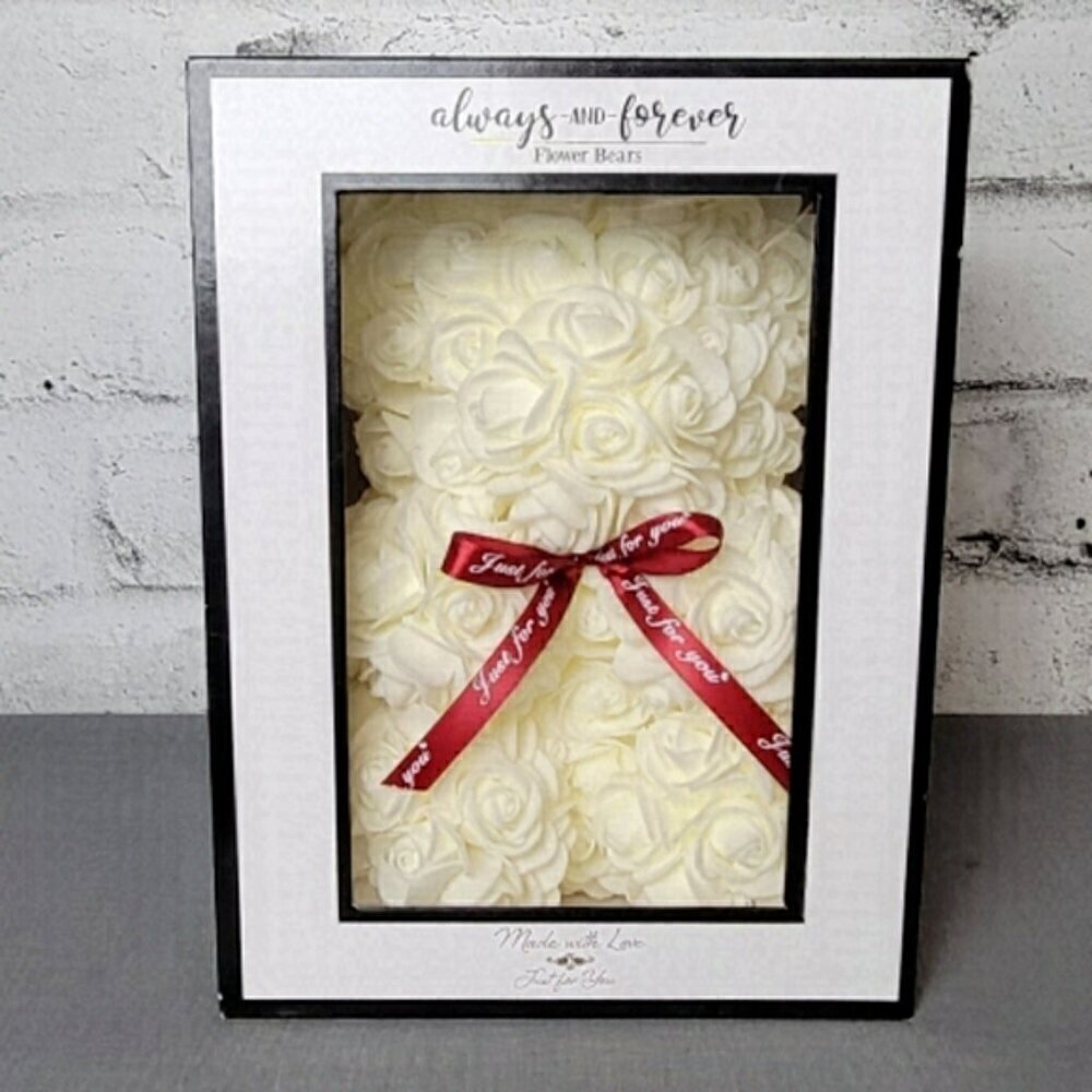 Always and Forever White Rose Flower Bear 10 Inch Romantic Gift Display Box